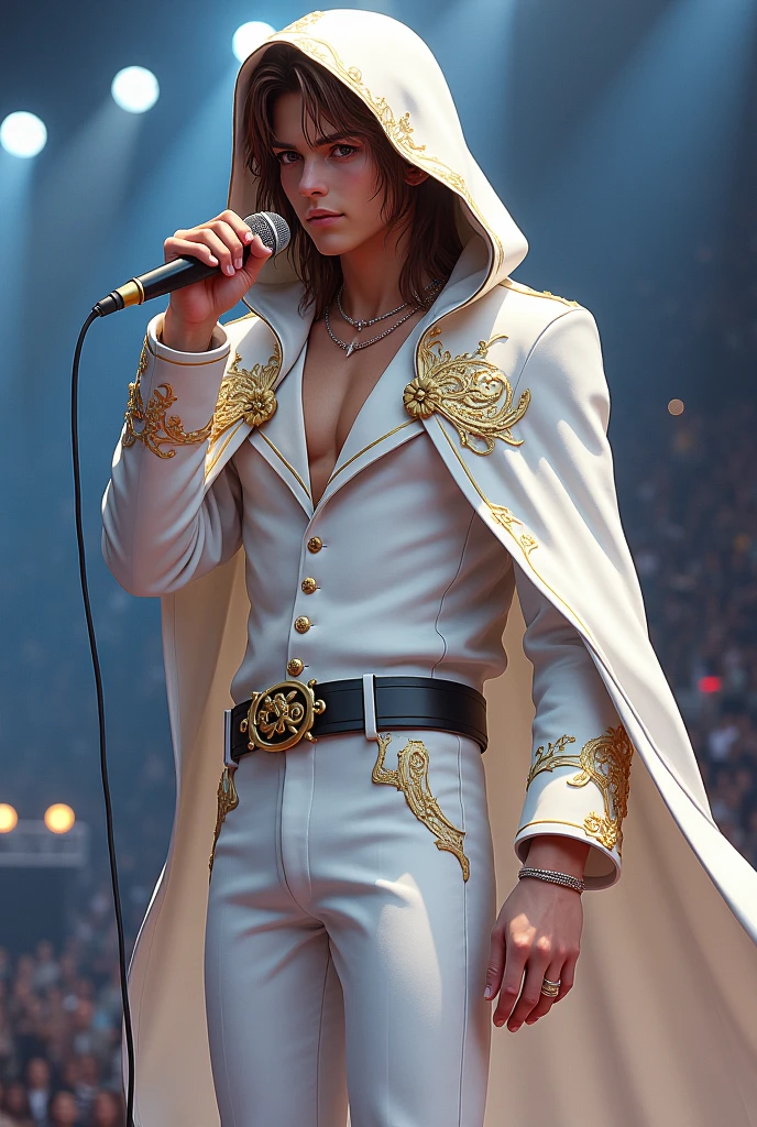 artwork best quality handsome american male ager long brown hair light skin with white cape and hooded coat on head with gold details white long sleeve shirt and white pants underneath intricate details singing holding a microphone seen from afar at a concert with details uhq 8k
