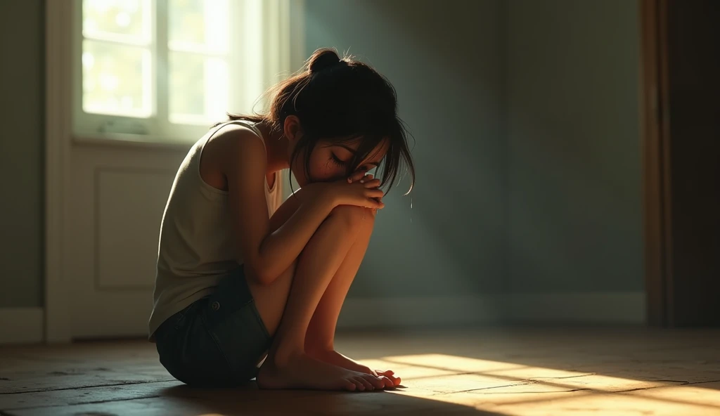 A woman sitting on the floor with her head down. Her cheeks and arms show signs of violence, while tears stream down. Light from the window highlights her, making her appear fragile yet strong in the silence that envelops the room.style:3d pixar animation