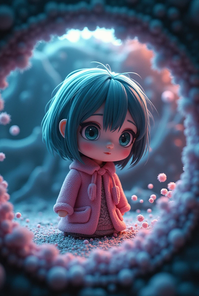 Images captured under an electron microscope show chibi characters trying to convey something, round cropped image, conceptual installation art, (ultra detailed, absolutely resolution, best quality:1.3), 2.5D, delicate and dynamic effects, artistic, hyper, graphic CG digital fantasy art