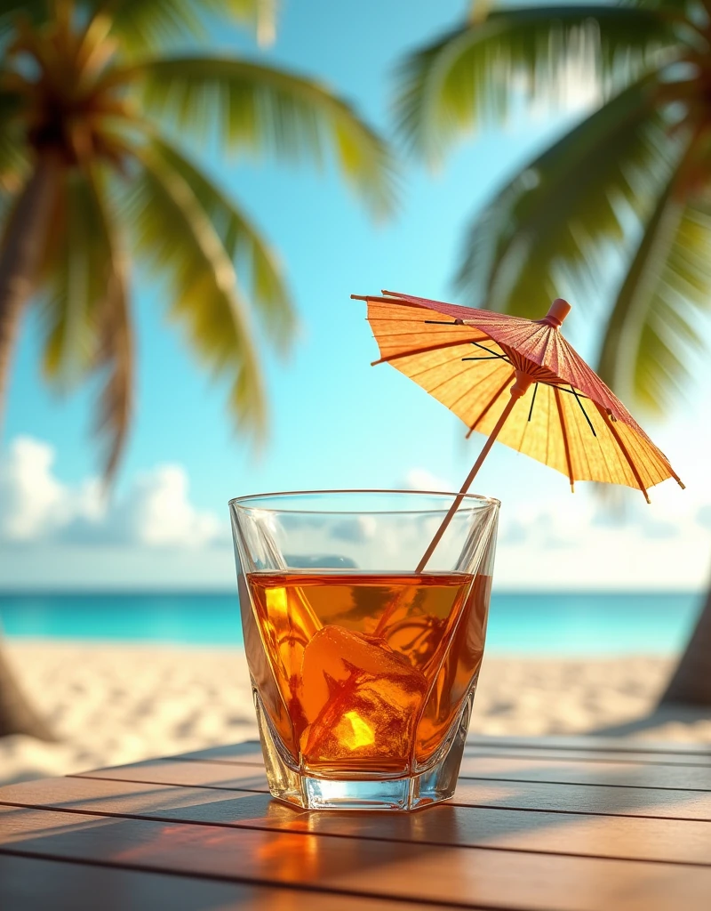 Angular glass cup of liquor with umbrella in it, on the beach table, next to palms, on the beach, luxurious, ultra realistic 