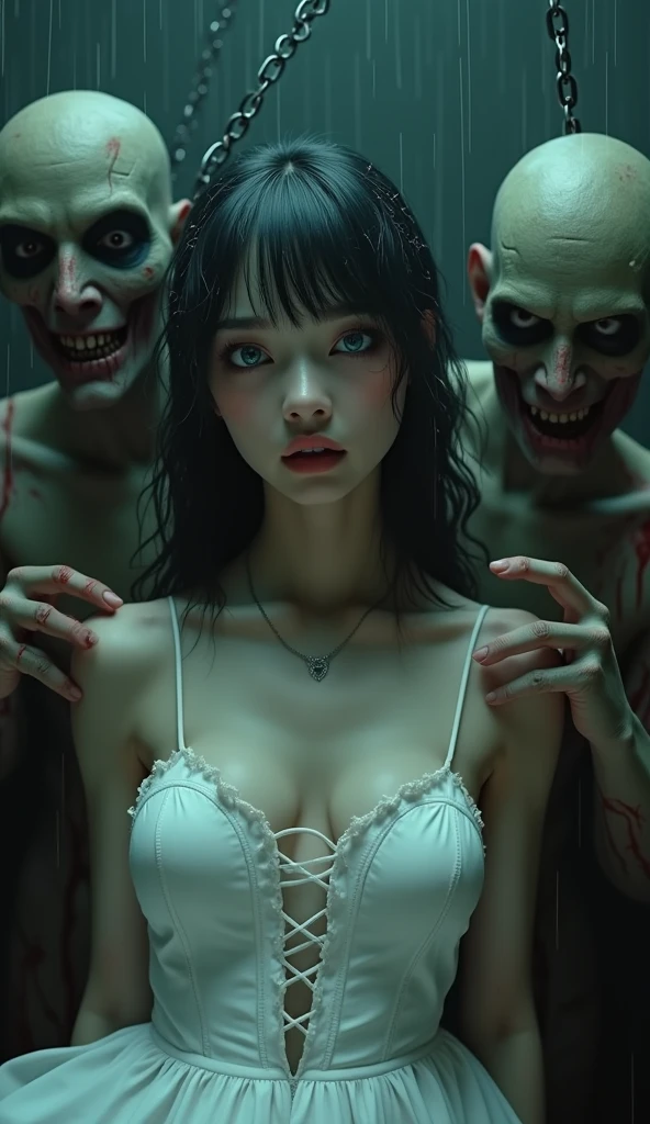 (32K:1.9, Horror expression:1.9, Highest quality, masterpiece, Ultra-high resolution), Professional random camera work, Perfect dynamic composition, Highly detailed skin and facial textures, Detailed eyes, Detailed limbs, (The Darkest Dungeon:1.3), cute, y and slim Japanese woman:1.2, Fair skin, Tilt your head, (5 Zombies:1.7, Zombie touching a woman:2.0, Raindrops falling from the ceiling:1.5), (Her huge bree bursting at the seams, areola is sible, Big cleavage, A lookair:1.3, Expression of despair:1.3, Totally captivates you, Pure white camisole dress:1.5), Beautiful Blue Eyes, Beautiful erotic eyes, Sexy Face, Beautiful seal atmosphere, ((Bloody:2.0, Covered in bruises:2.0, Bruises on the face:2.0, Lots of big chains:1.9, Crucified:1.9, Countless chains tangled in clothes:1.9, His right arm is attached to a cross:1.9, The left arm is attached to a cross:1.9, Both hands are chained、Tied tightly to the cross, The right leg is bound with a shackle and chain:1.9, The left leg is bound with a shackle and chain:1.9)), (Too erotic)