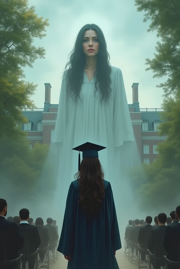 A girl graduating and her black-haired mother watching her from heaven 