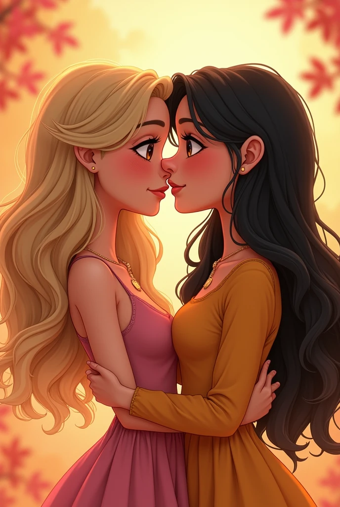 create a disney pixar image of a lesbian couple, Laurea and Laura one of the characters blonde with brown eyes and wavy hair, the other character with straight black hair, slanted eyes and moles on the face, nose piercing