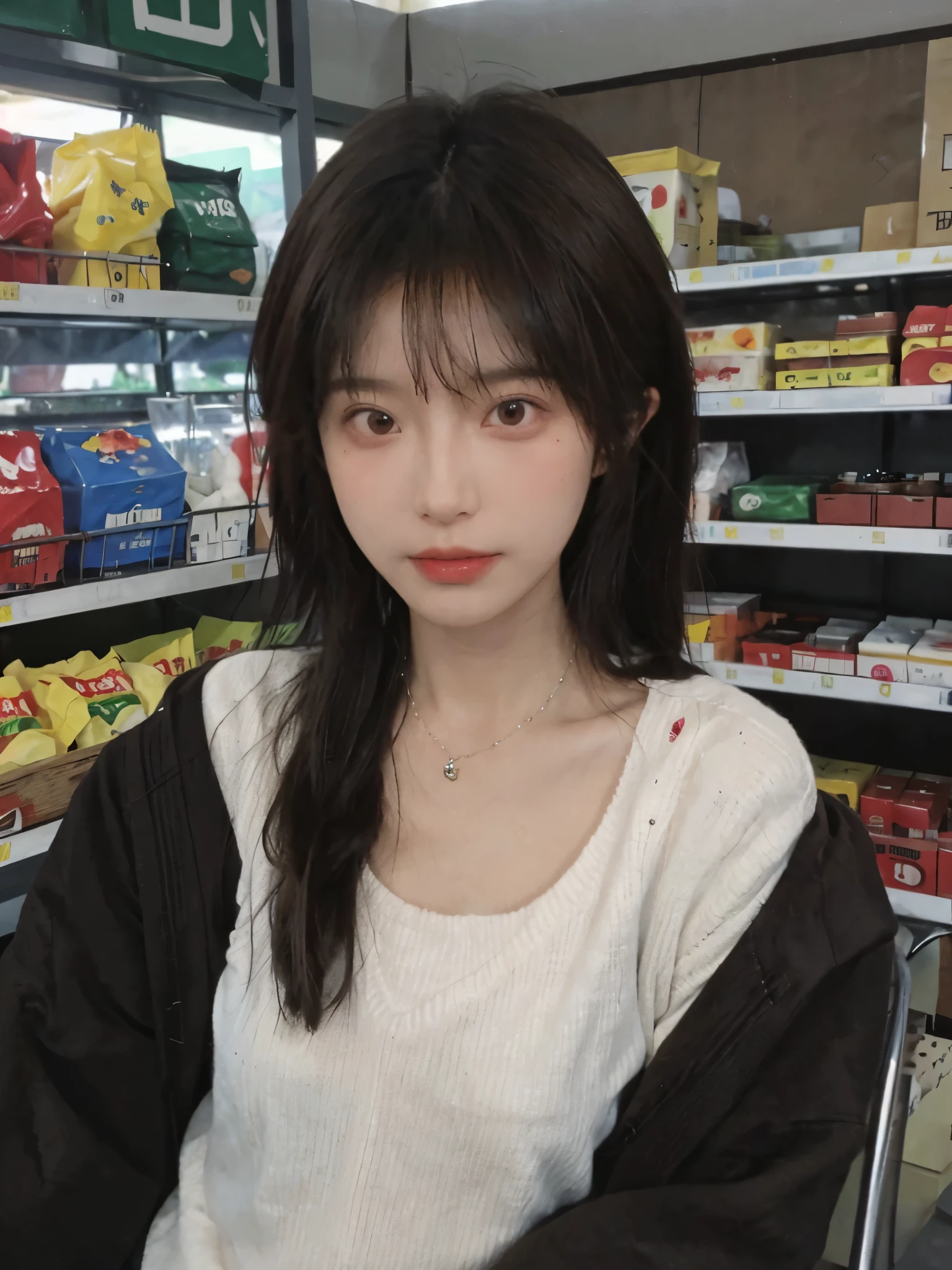 Best quality，Ultra-high resolution，(Realism:1.4)，Cute hairpins，Baoyu Girl，1 Girl，Red short sweater，Beautiful woman with a slim figure:1.4，Abdominal muscles:1.1，(Brown hair，Mid-chest:1.3)，supermarket，Super delicate face，Exquisite eyes，Double eyelids，make faces，necklace