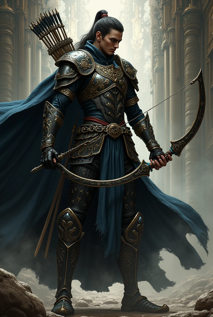 A archer character, fantasy style, illustrated by Yoshida Akihiko, detailed armor, dynamic pose, holding a dagger, dark and moody atmosphere, intricate background, inspired by Final Fantasy character designs, high contrast, sharp details