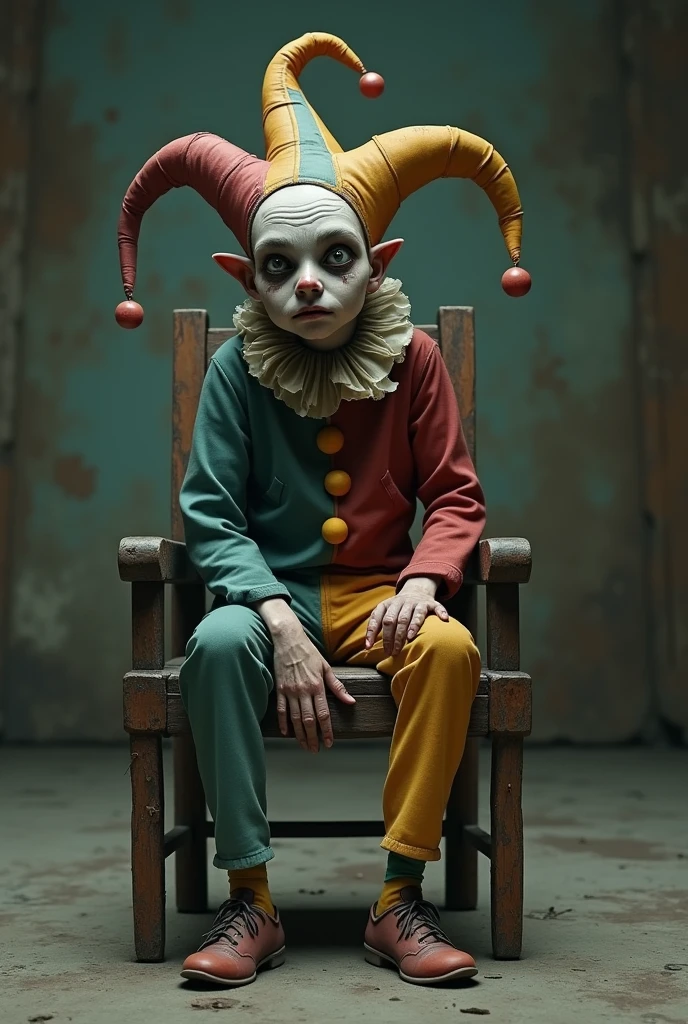 jester, Scrawny, with empty look, short guy with slightly torn clothes, with colorful hat and he is sitting on an old wooden chair in an empty room