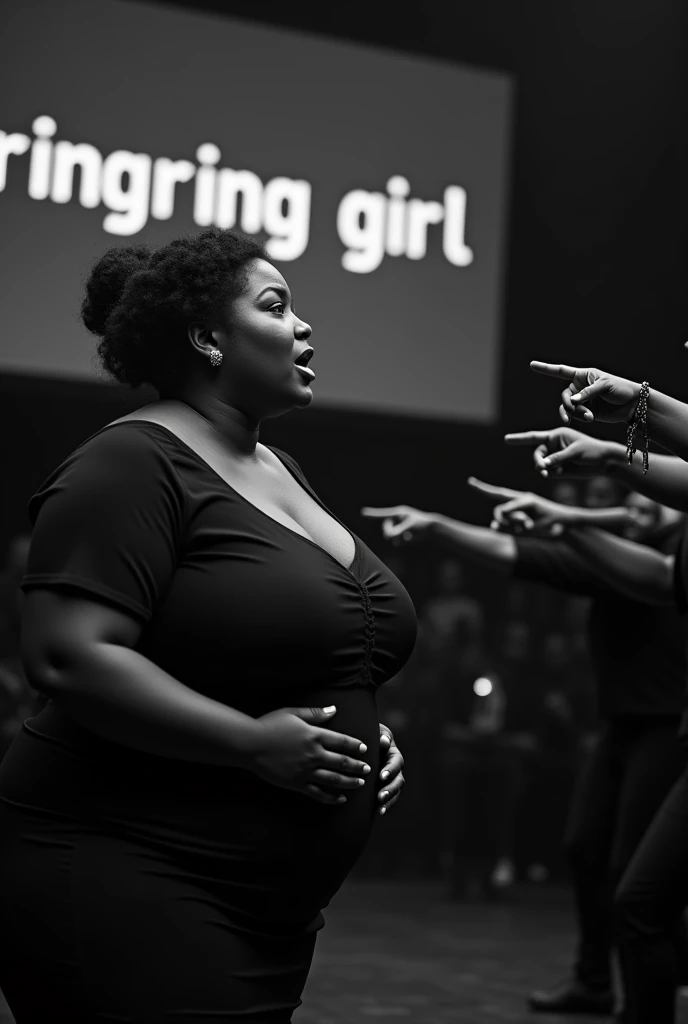 A black woman in a play on stage chubby big ring over her with her l hair in a low bun in a black dress acting shocked while 5 black people in black clothes on stage point at her with their mouth covered while the audience is around them with the words RING GIRL on the screen