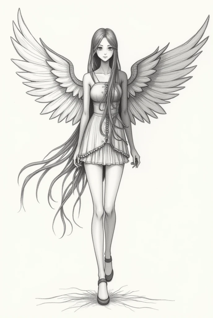 Create an outfit for a fashion show with the following theme and inspiration pencil drawing style as a sketch of a drawing of a fashion outfit a little anime style a little simple:
theme: Roots and Wings Inspiration: This concept explores the duality between the roots that keep us anchored and the wings that allow us to fly.. The piece symbolizes the importance of recognizing our origins as we seek freedom and personal growth..