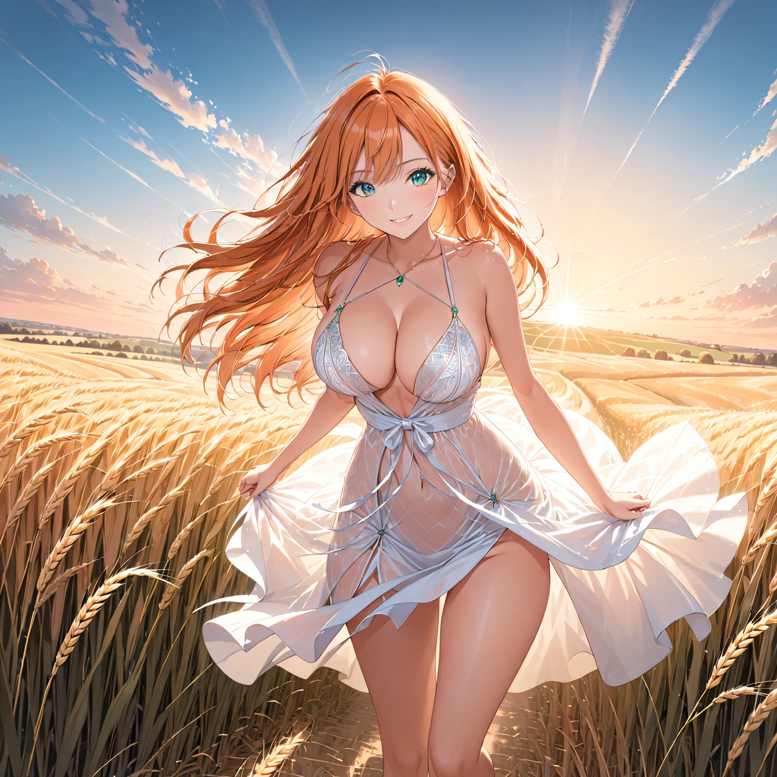 1 girl, alone, long orange hair, running, (tall wheat field), turn around, emerald eyes, revealing dress, revealing white outfit, sunset, spectacular sunset, shadow on figure, smile, laugh, (sky blue), on a wheat background, standing in the distance, looking at the viewer.