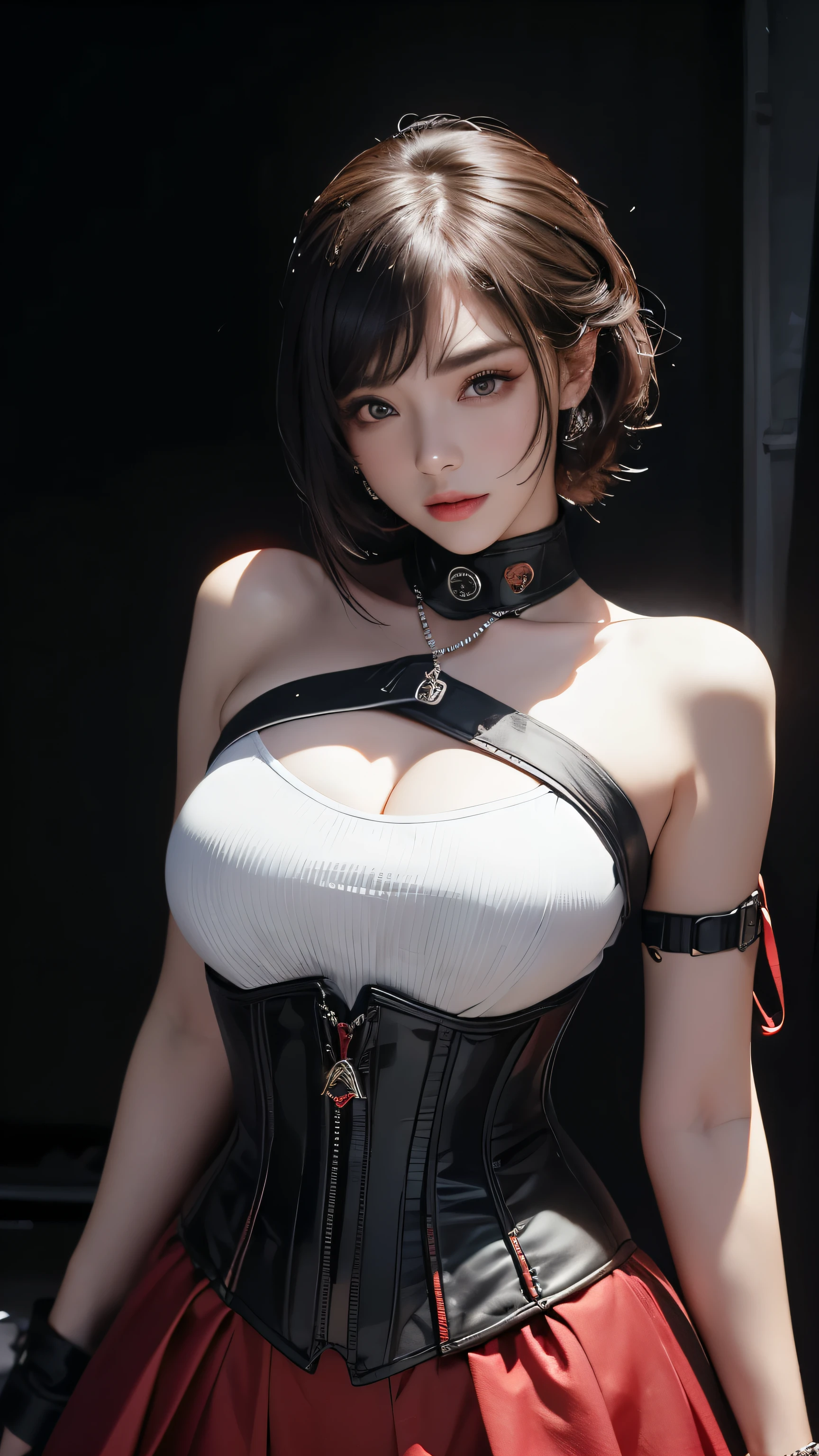 masterpiece, Highest quality, Very detailed, To the camera, Very detailed, Realistic, Sharp features, Very detailed, Sharp focus, Perfect Face, Perfect Face, Perfect symmetry and perfect eyes, Perfect Plump Lips, Flexible female form, cinematic, Film Light, Very detailedな, hyper Realistic, masterpiece, Atmospheric, High resolution, Vibrant, Dynamic Studio Lighting, ((Dark Background)), The facial expression when feeling happy, handcuffs, BDSM, slave, Rubber, Red Corset, (赤いfirst round), ((Highest quality, 8k, masterpiece: 1.3)), Sharp focus: 1.2, Beautiful woman with perfect figure: 1.4, Slim abs: 1.2, Wet body: 1.5, Very detailed face and skin texture, Detailed eyes, double eyelid, Very short hair,((SM lady)),((m嬢)),handcuffs,first round,Red and black outfit