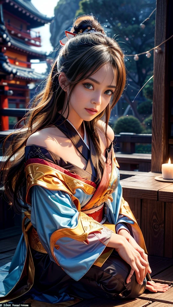 (RAW shooting, Photoreal:1.5, 8k, highest quality, masterpiece, ultra high resolution), Sengoku, fire事:1.2, いたるところで燃え上がる戦fire:1.3, perfect dynamic composition:1.2, Highly detailed skin and facial textures:1.2, Slim female samurai with a sharp Japanese sword:1.3, Fight:1.2, beautiful and aesthetic, cute and sexy beauty, perfect style:1.2, wear elaborate rings, fire, water, Wind, thunder, ice, Fair skin, very beautiful face, (Medium chest, Chest gap), (embarrassing smile, The expression on your face when you feel intense caress, Facial expression when feeling pleasure), (Wearing a sexy Sengoku uniform:1.1, off shoulder), (beautiful blue eyes, Eyes that feel beautiful eros:0.8), (Too erotic:0.9, Bewitching:0.9), full body shot