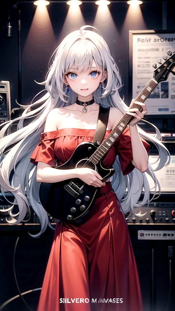 (masterpiece:1.2, Highest quality), 1 Female(Long silver hair high school girl,Blue eyes), alone, musician, Musical costumes, Recording Studio, Music composition, Live Performance, Collaborating with other musicians