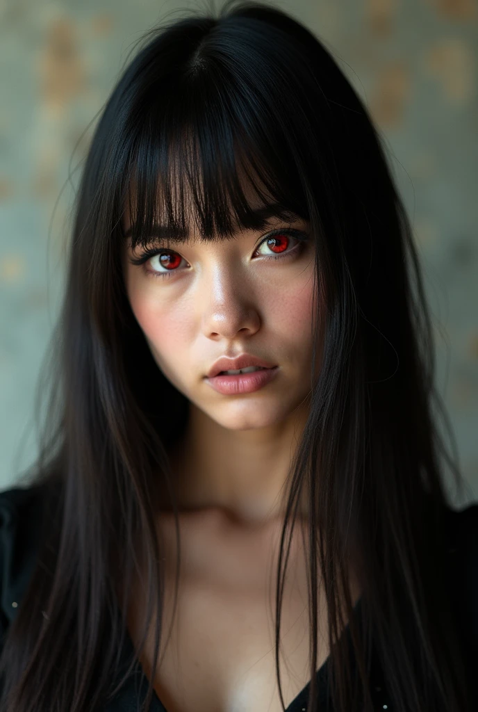 Ultra realistic photography showing full body : americana:realperson: woman with long black hair with full bangs on her forehead, Eyes red 