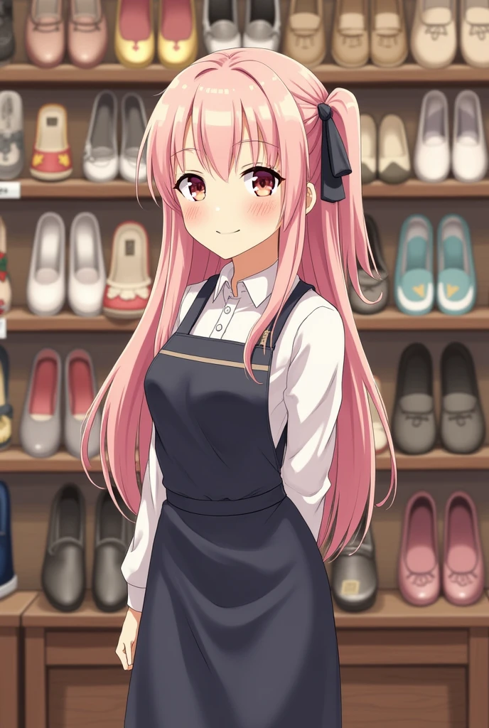 Shoe shop clerk Japanese A kind smile Long Hair Pink inner hair color standing in the store