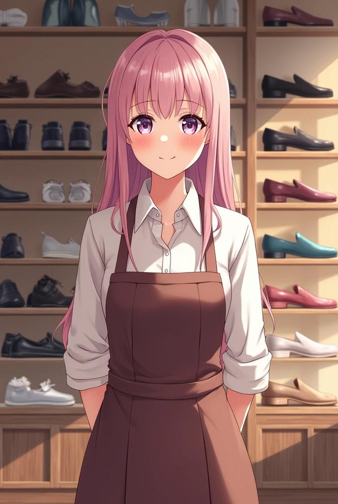 Shoe shop clerk Japanese A kind smile Long Hair Pink inner hair color standing in the store