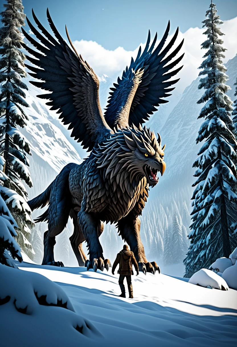 in the middle of the snowy forest, surrounded by snowy mountains, A giant Griffin carrying a man on its paws