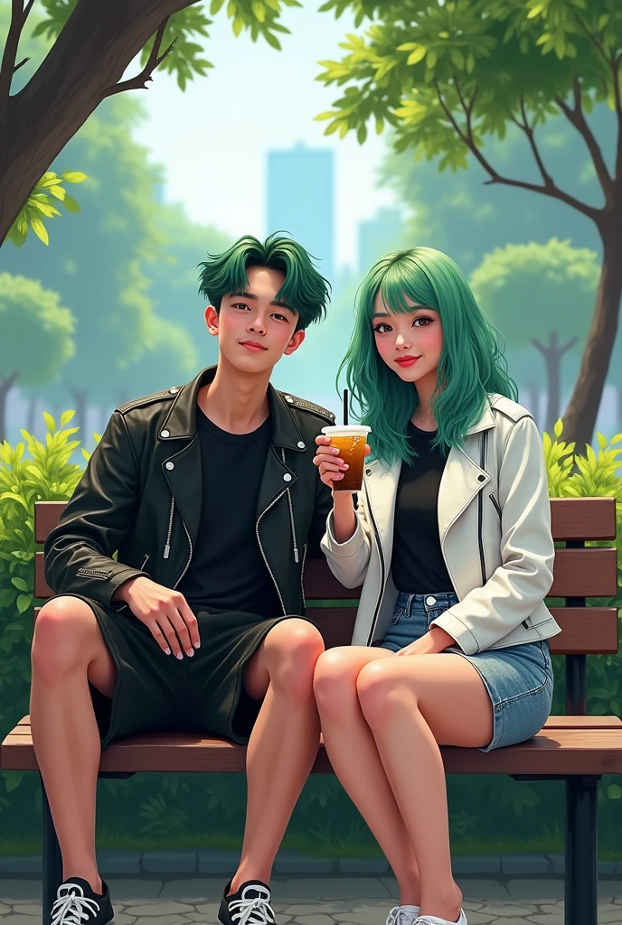 A pair of young Indonesian men and women, bright ash green hair, wearing black t-shirts and white leather jackets. short cargo pants sitting on a city park bench. I'm drinking iced cappocino boba.