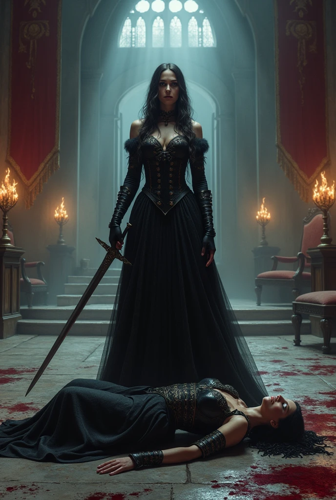 A dark and intense visual depiction of Lady Seraphina d’Aurelis standing victorious over Lady Isolde Thorne after their final duel in a dark fantasy setting. The scene takes place in the grand, shadowy throne room, with flickering torchlight casting eerie shadows across the stone floor. Seraphina, dressed in her dark, regal gown, stands over Isolde, her sword pointed at her fallen opponent. Isolde, bloodied and defeated, lies on the ground, her sword out of reach, her expression one of pain and resignation. Seraphina’s face is cold and determined, her eyes reflecting the harsh reality of her victory. The atmosphere is tense and foreboding, with the remnants of the fierce duel scattered around them—broken furniture, overturned banners, and bloodstains on the floor. The art style is realistic, emphasizing the intensity of the confrontation and the emotional weight of Seraphina’s victory.