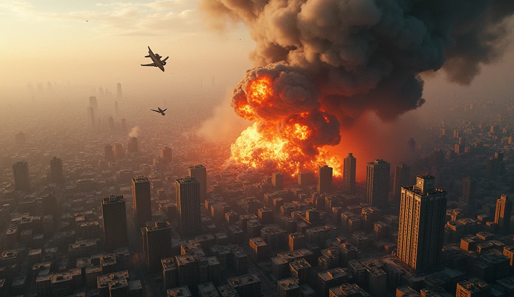 detailed photorealistic aerial view, satellite view, falling bomb, explosion, burning city, buildings collapsing, chaos, panic, destruction, smoke, flames, debris, military aircraft, military vehicles