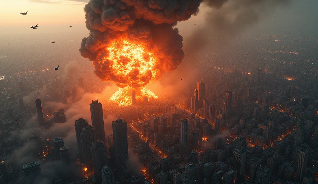 detailed photorealistic aerial view, satellite view, falling bomb, explosion, burning city, buildings collapsing, chaos, panic, destruction, smoke, flames, debris, military aircraft, military vehicles