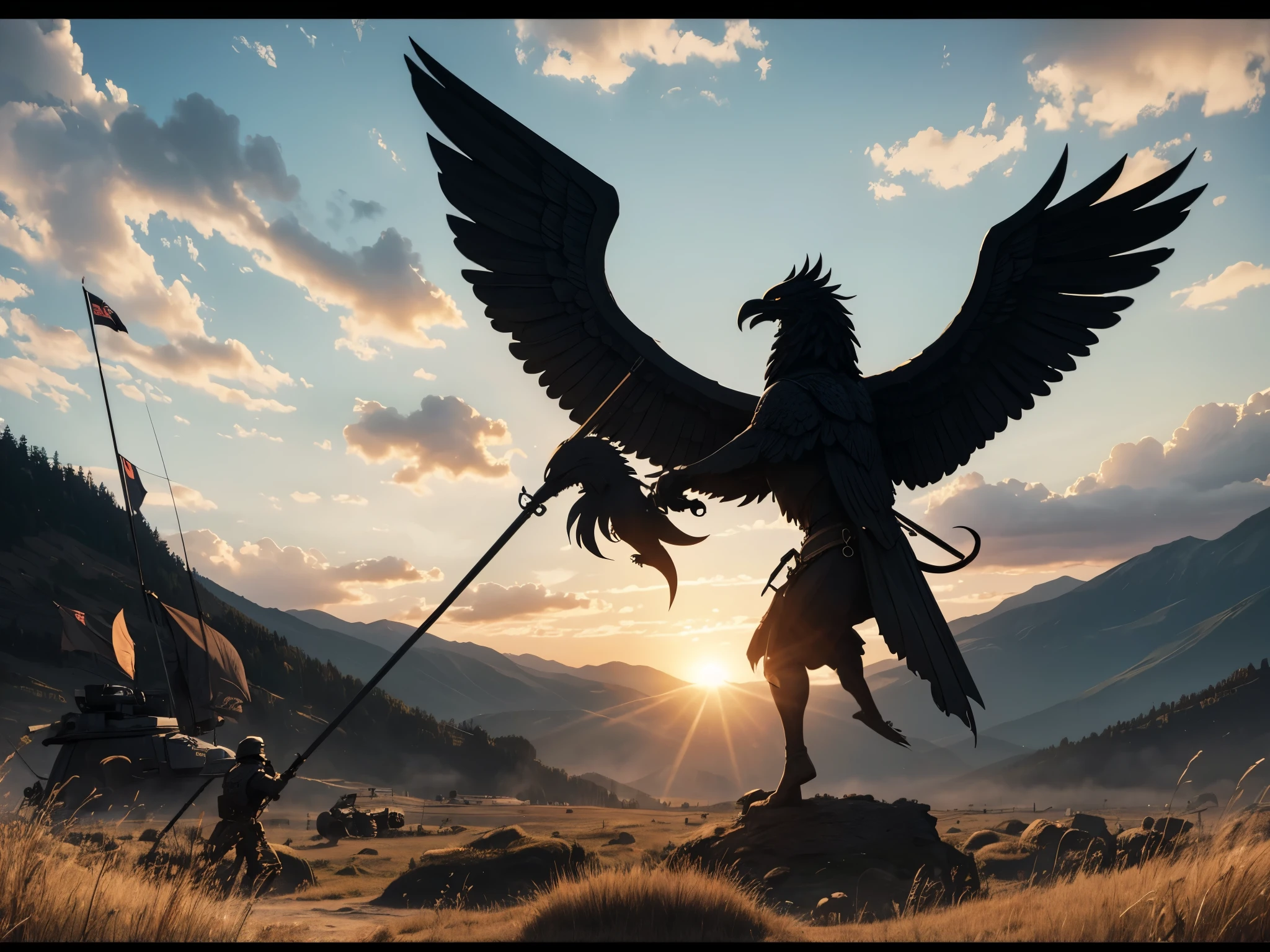 (masterpiece, best quality), best resolution, battle flag with griffin silhouette