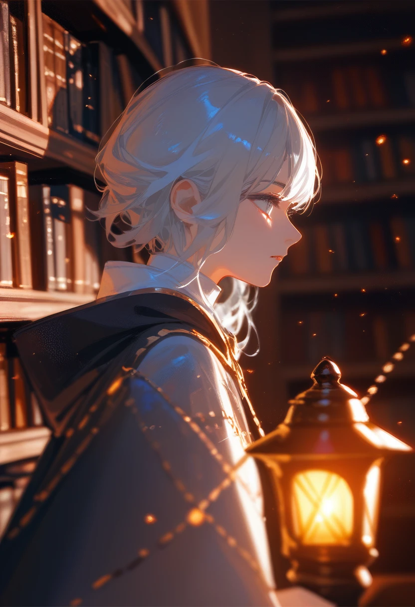 1 Girl，Gray straight hair，Gray Eyes，Bangs，Black long cape，（（Wearing a hood）），Night，library，bookshelf，Holding orange warm lantern，Movie lighting，Blurred foreground