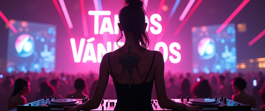 Futuristic female DJ seen from behind at an electronic music festival. She has an Eye of Horus tattoo on her neck, visible under neon lights. The crowd dances below with lasers and digital screens in the background. Add a bold, neon "Tangos Vándalos" sign in the scene.