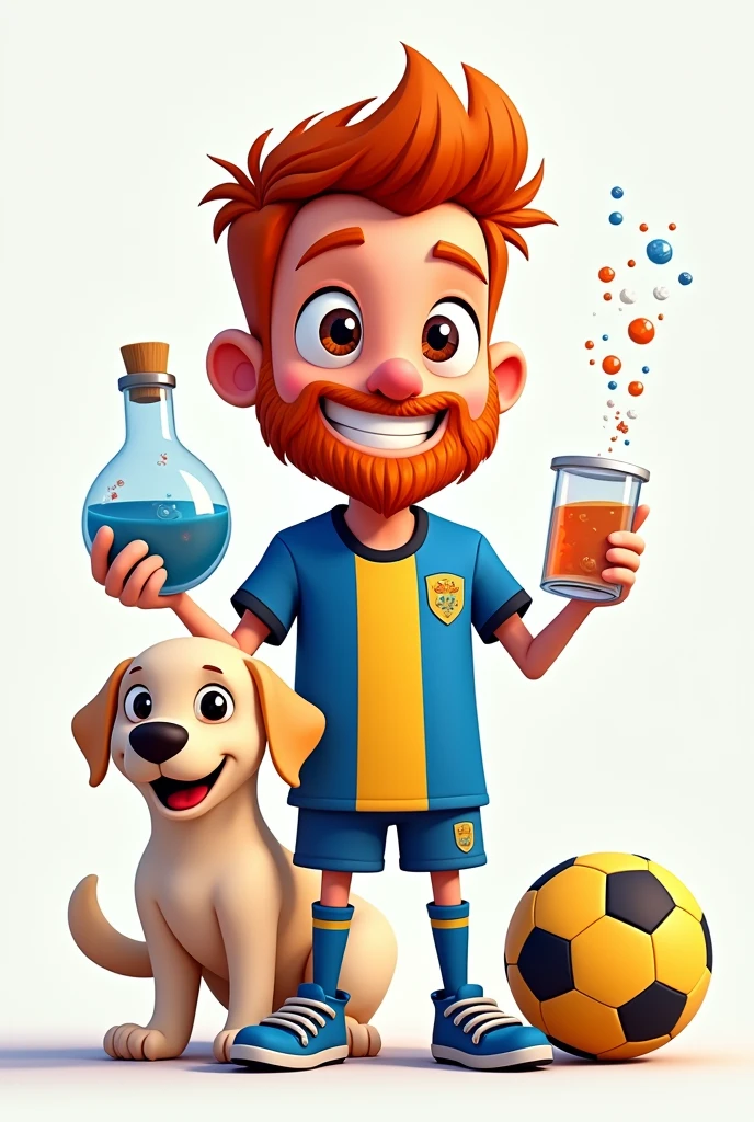Create a young redhead cartoon character with a beard wearing a Boca Juniors football shirt,(Argentine soccer team) blue and yellow, include soccer, science , Laboratory elements and a Labrador dog (pet). I need it to be able to use it on a card. I would like it to be backgroundless..