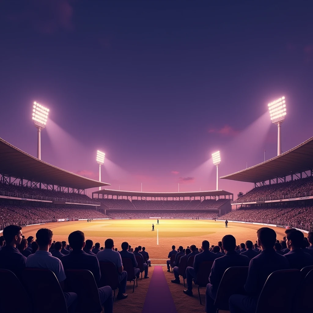 Audience in cricket stadium sand ground no grass clear sky view realistic real images night time violet sky