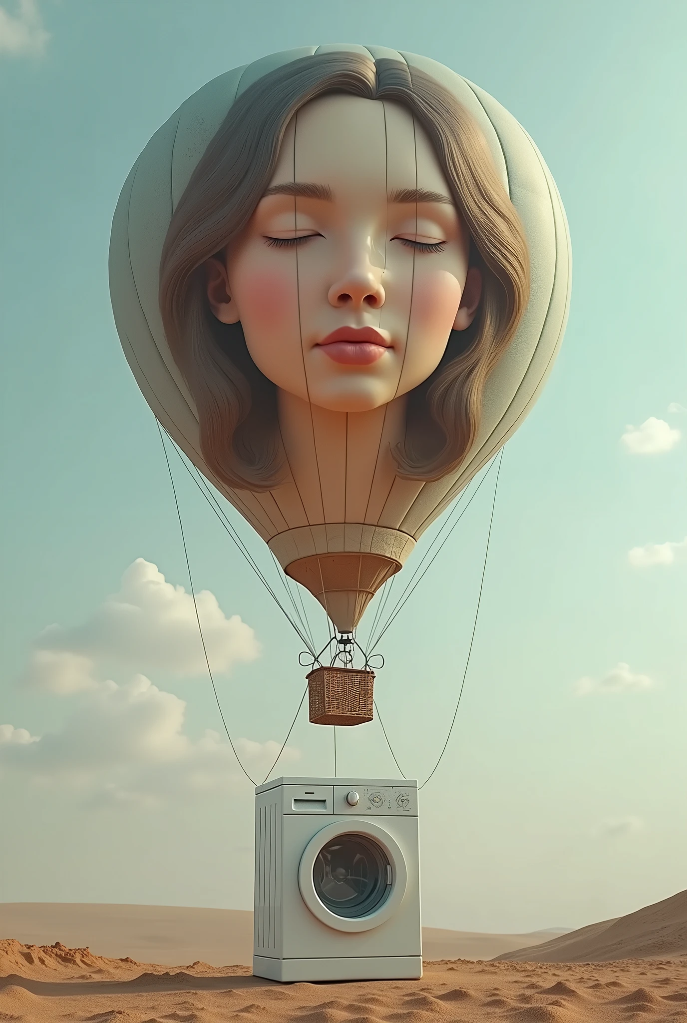 (photorealism:1.2), a balloon with a woman's face pulling a washing machine
with ropes, with no basket, woman with eyes closed, washer still on the floor