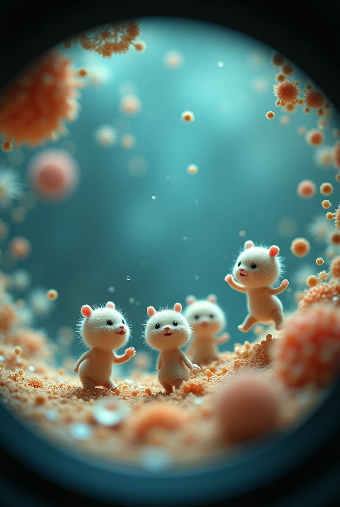Images captured under an electron microscope show chibi characters trying to convey something, round cropped image, conceptual installation art, (ultra detailed, absolutely resolution, best quality:1.3), 2.5D, delicate and dynamic effects, artistic, hyper, graphic CG digital fantasy art