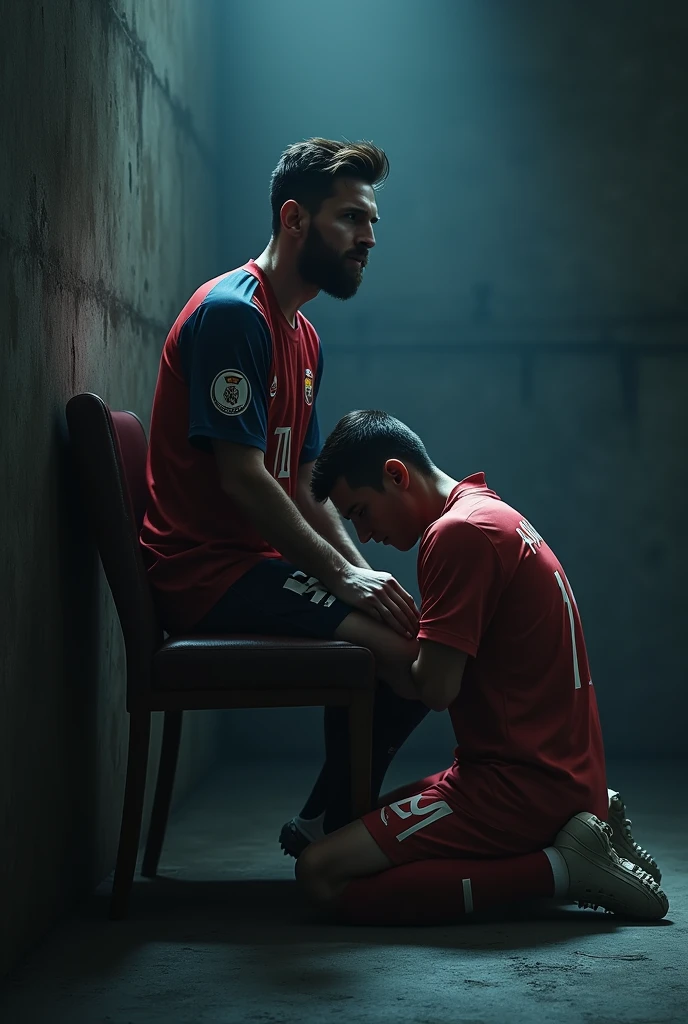 Messi sitting on a chair in dark light and ronaldo sitting on his knees