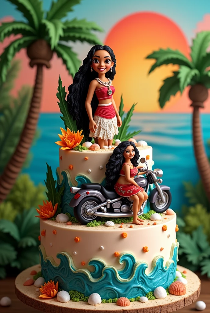 I want a Moana cake with a motorcycle and a character in engagement 