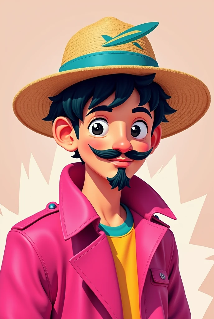 a  boy in a pink coat, straw hat, with the surf logo on the hat, with mustache and goatee, in a logo design style, gamer design style

