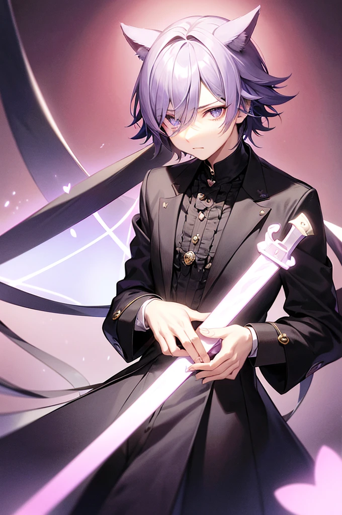 A gender-neutral anime male character with short, straight lavender hair, slightly covering one eye. He has soft, androgynous facial features, and wears a monocle with a gear design. His expression is calm and thoughtful, with a single tear-shaped marking under his eye. The character is dressed in a stylish dark purple and black suit, with a sword strapped to his back. He has cat-like ears on his head, adding a playful touch to his appearance. The background is light pink, filled with heart shapes and scissors, creating a soft and whimsical atmosphere.