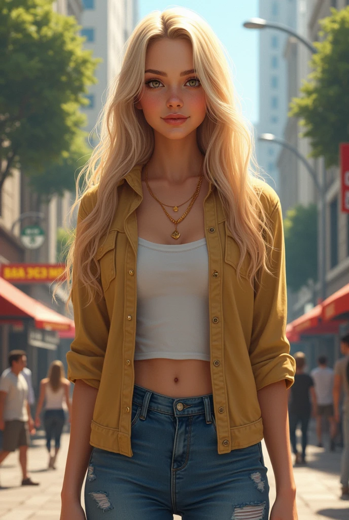 a woman with long hair, blonde, honey-colored eyes, dressed in street clothes on a boulevard full body 4K ultra realistic