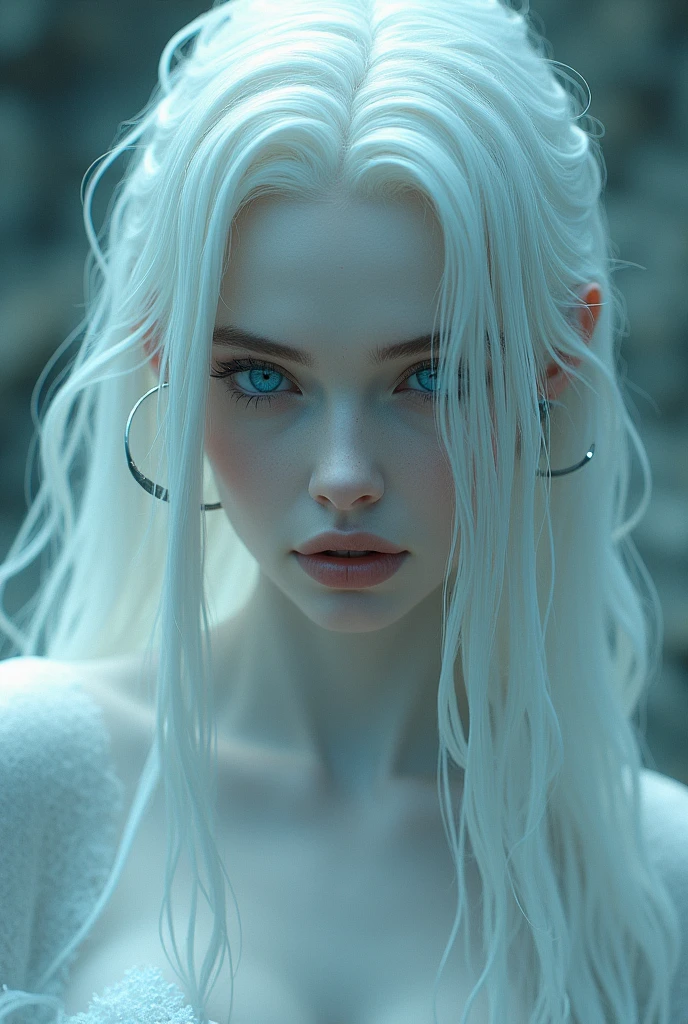 Woman, blue colored eyes, White hair, very long hair, best qualityer, pale white skin.high resolution, slickedback hair, breastsout, Half moon earrings, cloused mouth, eyes open, eye white, flickering eyes, apocalypto, Surrealism, 真实感, ear, human