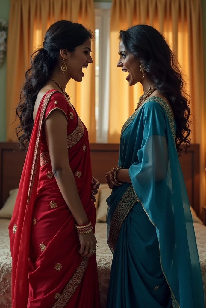 Two women one in red saree and matching small sleeve blouse and another woman in blue saree and small sleeve blouse having a fight in bedroom with anger hatred and jealousy visible in face