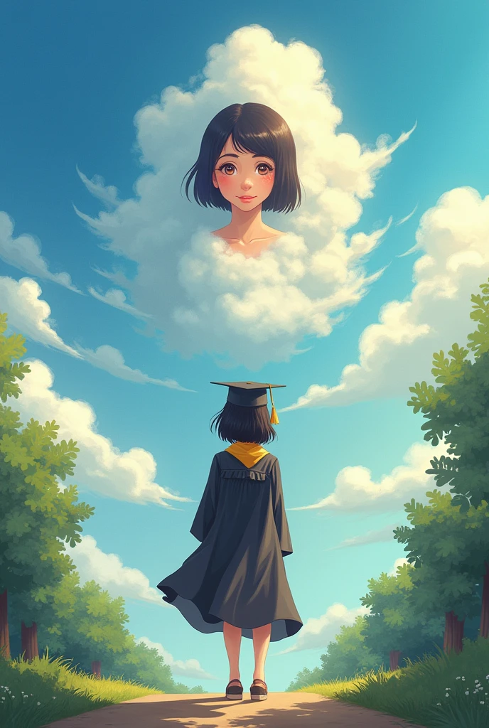 A girl graduating and her mom with short black hair watching her from heaven and she is happy