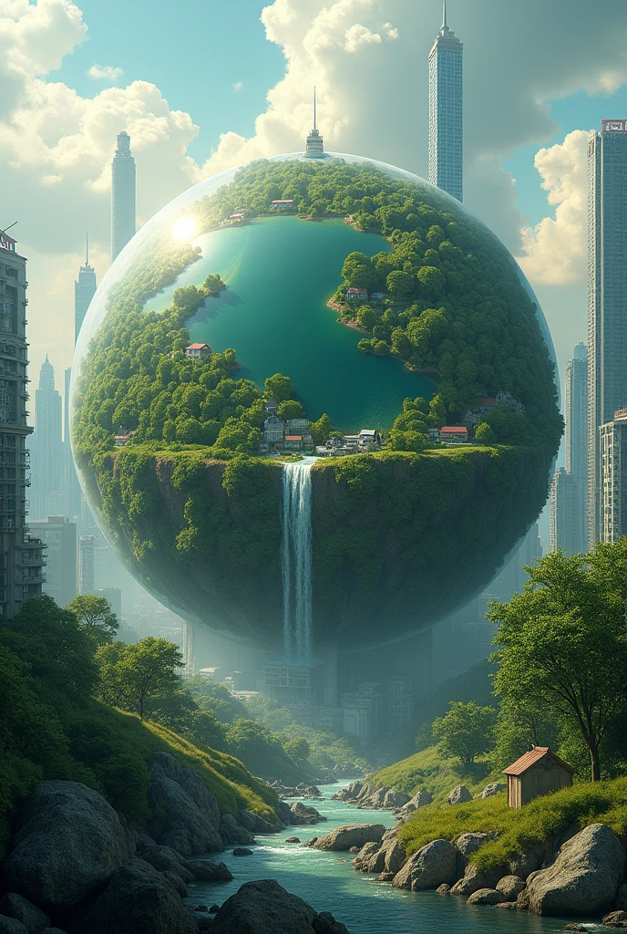 a ball like the world, around and above there are only buildings and houses and in the middle and below there is a lot of vegetation, naturey, squares, Riu, people