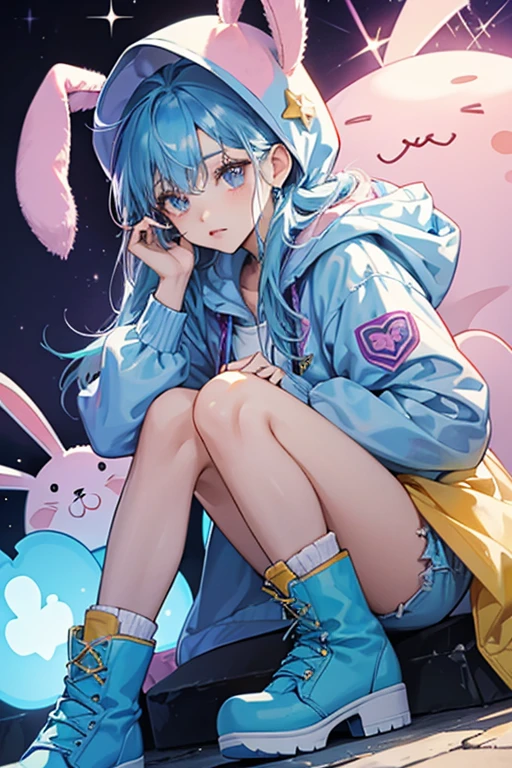 She wears a baggy light blue shirt with puffy purple/light blue shorts. She has blue boots with gold rings hust above her kneecaps. Her hair is blue and mostly covered up by a hood. She also has a pink stuffed bunny in her left hand. She also has D cup breasts. SPARKLE; GLITTER