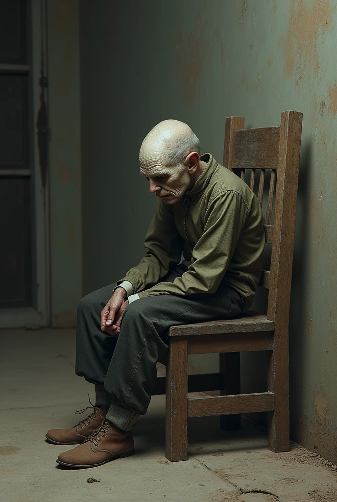 jester, Scrawny, with empty look, short guy with his clothes a little torn and he is sitting on an old wooden chair in an empty room looking at the floor