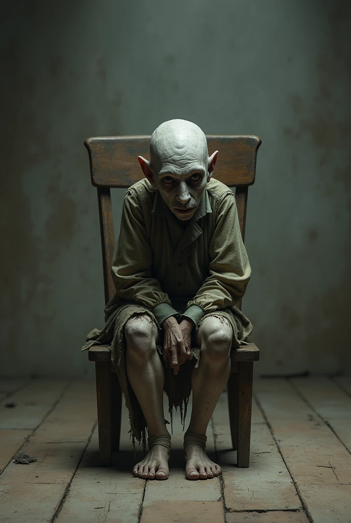 jester, Scrawny, with empty look, short guy with his clothes a little torn and he is sitting on an old wooden chair in an empty room looking at the floor