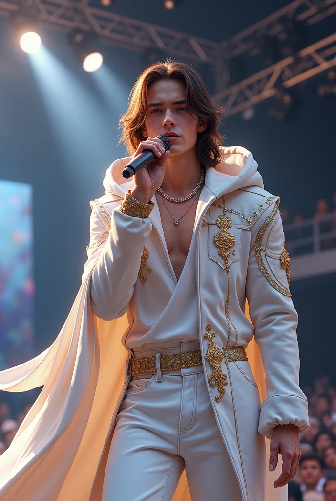 artwork best quality handsome american male teenager long brown hair light skin with white cape and hooded coat on head with gold details white long sleeve shirt and white pants underneath intricate details singing holding a microphone seen from afar at a concert with details uhq 8k