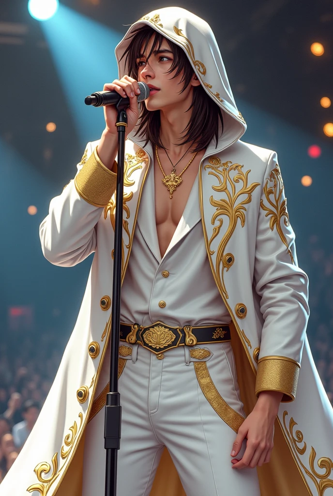 artwork best quality handsome american male teenager long brown hair light skin with white cape and hooded coat on head with gold details white long sleeve shirt and white pants underneath intricate details singing holding a microphone seen from afar at a concert with details uhq 8k