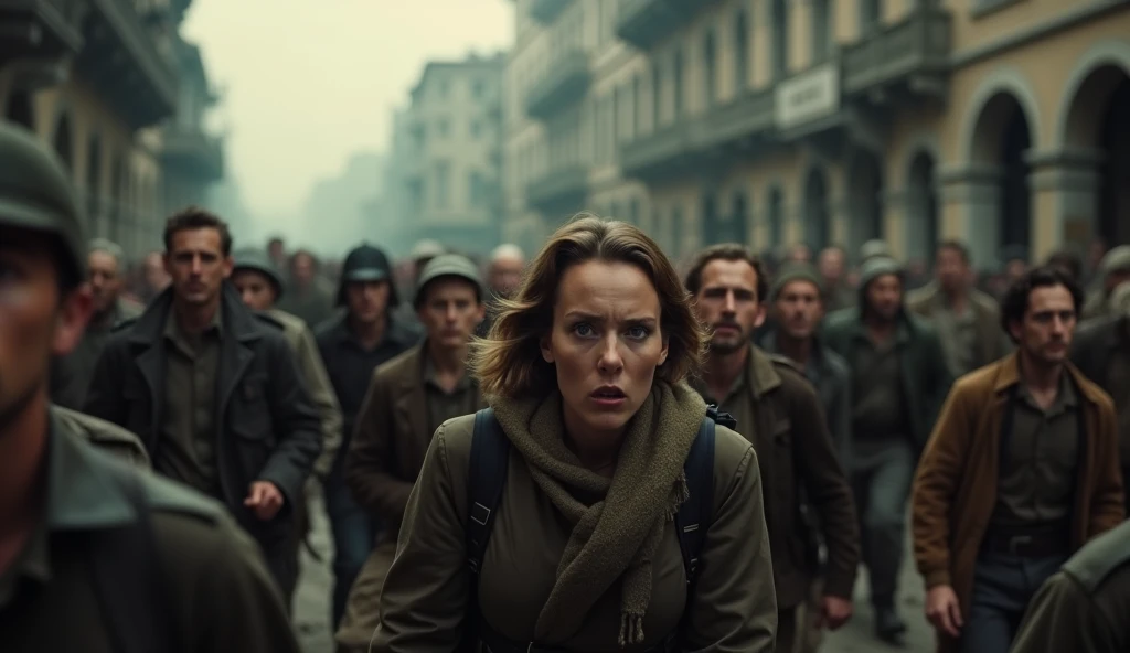 A terrified crowd of people fleeing through the streets of Avai  during World War 2, 1940s, close-up shot, highly detailed, cinematic, dramatic lighting, gritty, realistic, photorealistic, hyper-detailed, (best quality,8k,highres,masterpiece:1.2),ultra-detailed,(realistic,photorealistic,photo-realistic:1.37),cinematic lighting, dramatic shadows, intense facial expressions, crowd panic, wartime chaos, rubble and destruction in the background, muted color palette, desaturated tones