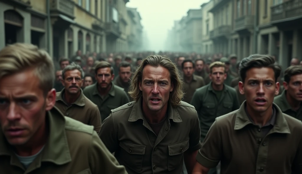A terrified crowd of people fleeing through the streets of Avai  during World War 2, 1940s, close-up shot, highly detailed, cinematic, dramatic lighting, gritty, realistic, photorealistic, hyper-detailed, (best quality,8k,highres,masterpiece:1.2),ultra-detailed,(realistic,photorealistic,photo-realistic:1.37),cinematic lighting, dramatic shadows, intense facial expressions, crowd panic, wartime chaos, rubble and destruction in the background, muted color palette, desaturated tones