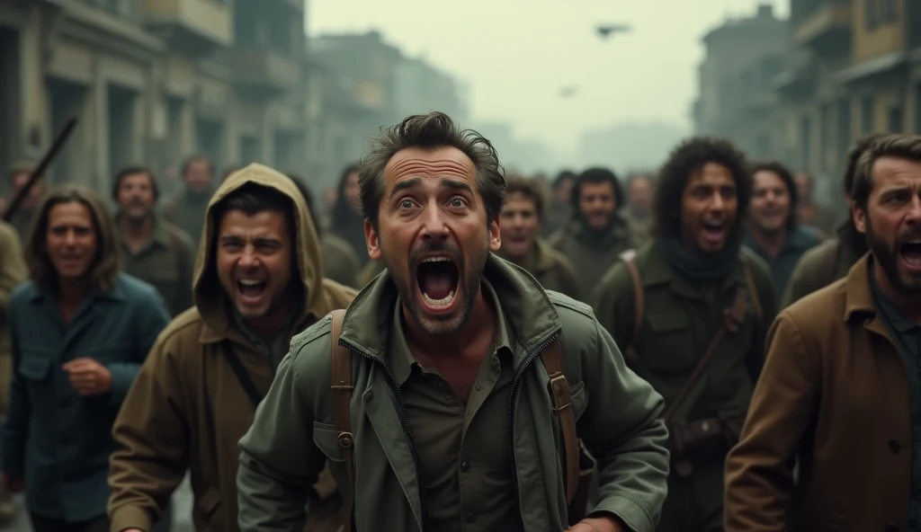 A terrified crowd of people fleeing through the streets of Avai during World War 2, 1940s, close-up shot, highly detailed, cinematic, dramatic lighting, gritty, realistic, photorealistic, hyper-detailed, (best quality,8k,highres,masterpiece:1.2),ultra-detailed,(realistic,photorealistic,photo-realistic:1.37),cinematic lighting, dramatic shadows, intense facial expressions, crowd panic, wartime chaos, rubble and destruction in the background, muted color palette, desaturated tones