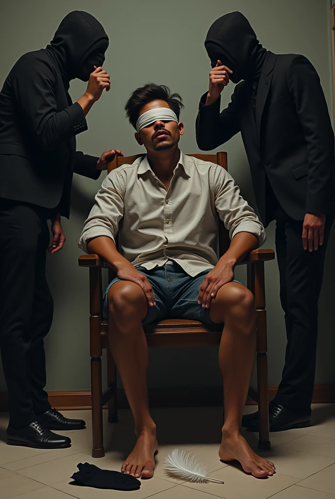 Handsome malay Zarul 19years
He faint
Focus 5toefeet
Shoeless
Tied up woodenchair
blindfolded
feather on floor
Pair of Blacksock on floor
2 mafia pinch their nose