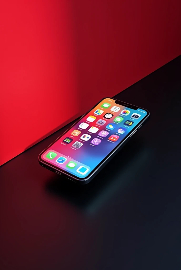 an iphone with apps on display, on a solid red and black background
